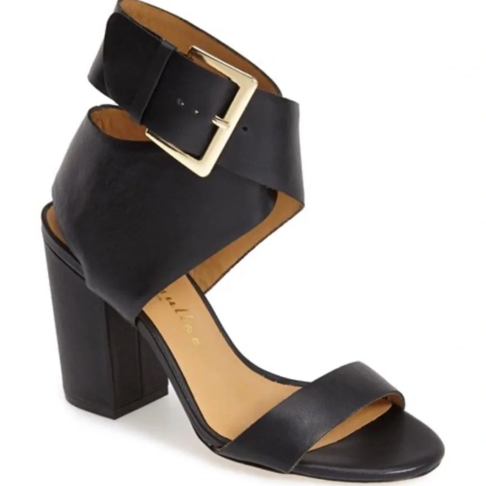 Bettye Muller Black Leather Block Strappy Wilton Heels Sz 7.5